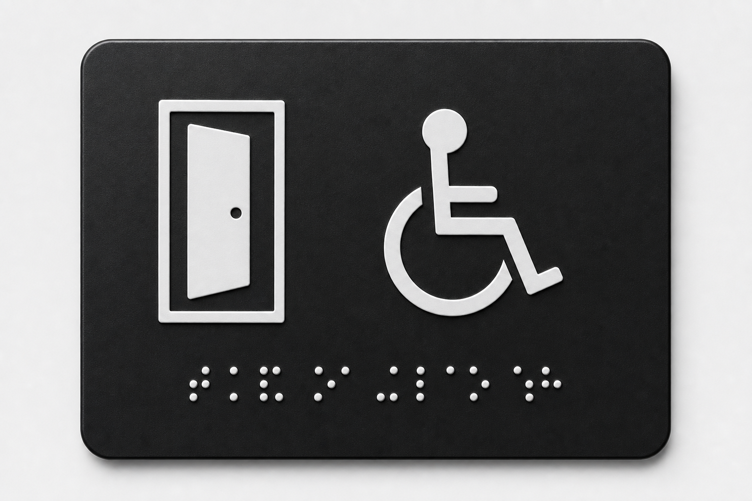 Matte black tactile door sign with white lettering and embossed Braille dots