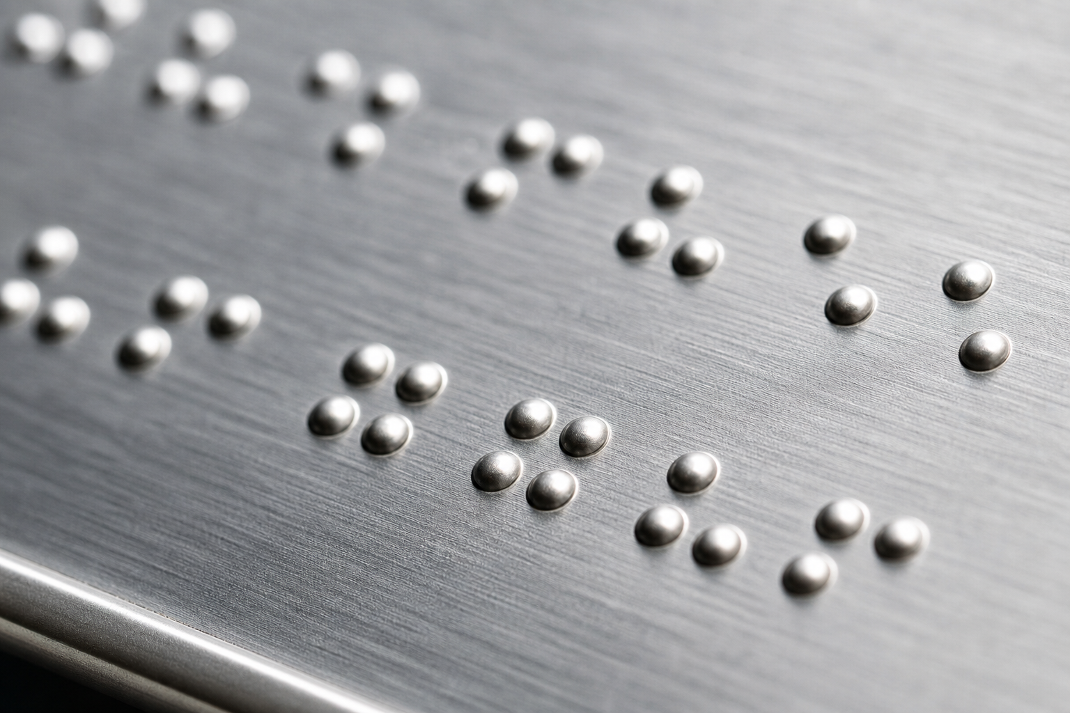 Close-up of stainless steel Braille embossing showing crisp domed dots