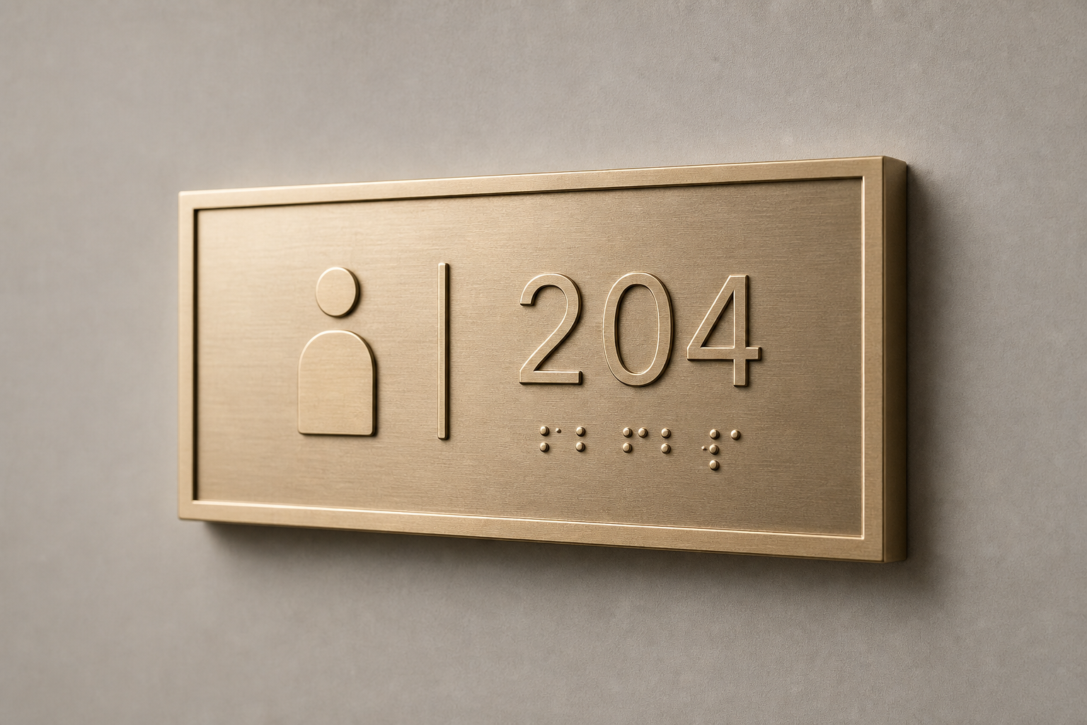 Champagne-toned metal room plaque with tactile lettering and Braille
