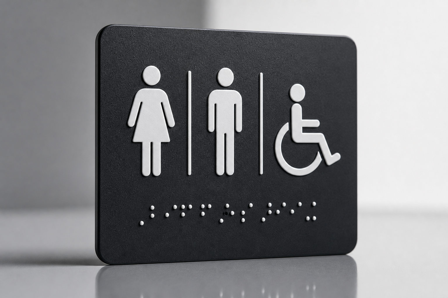 High-contrast tactile restroom sign with pictogram and Braille