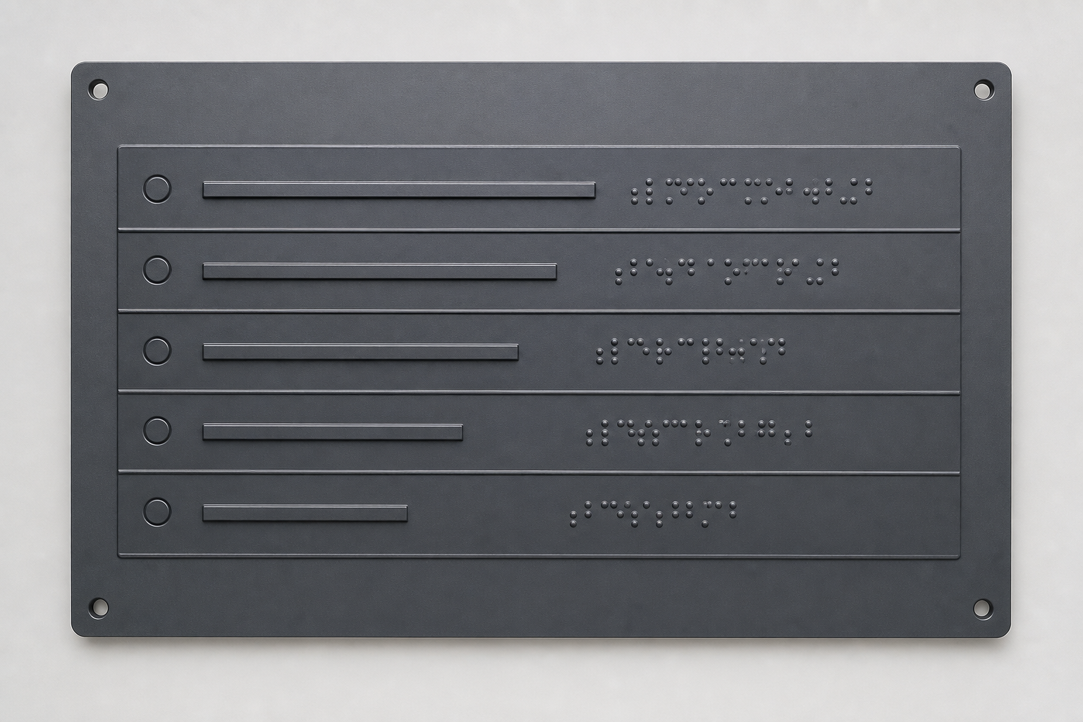 Graphite gray tactile directory plate with raised text and Braille