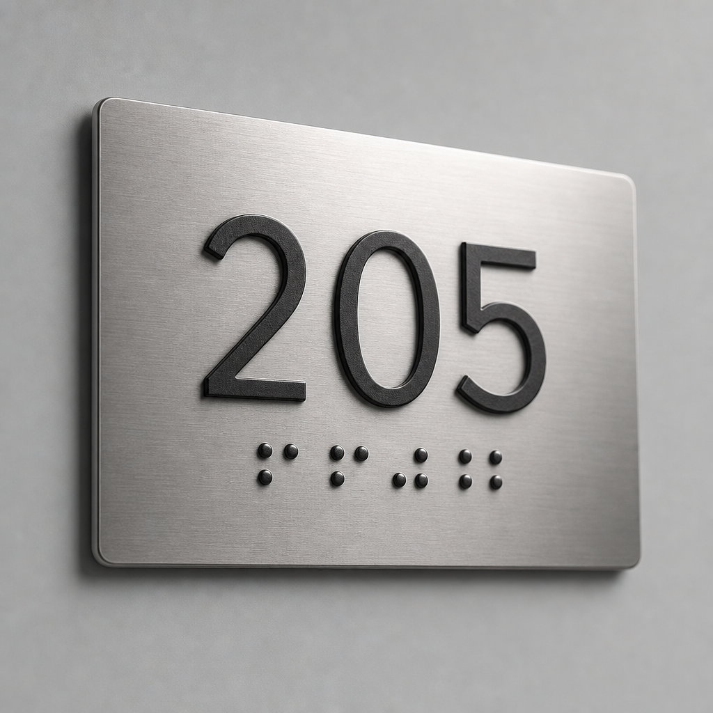 Tabliczka drzwiowa z numerem i podpisem w Braille'u na matowym metalu