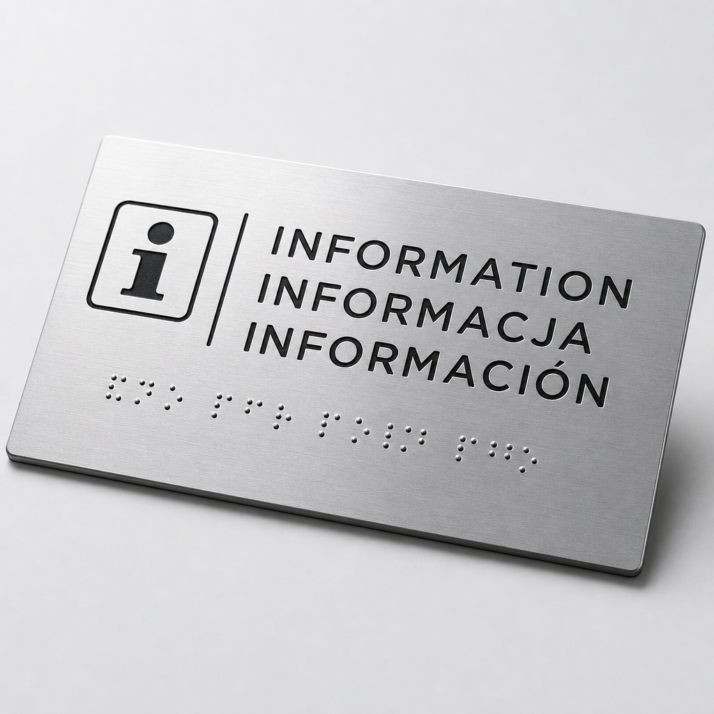 Tablica informacyjna z tekstem łacińskim i Braille'em na szczotkowanym aluminium