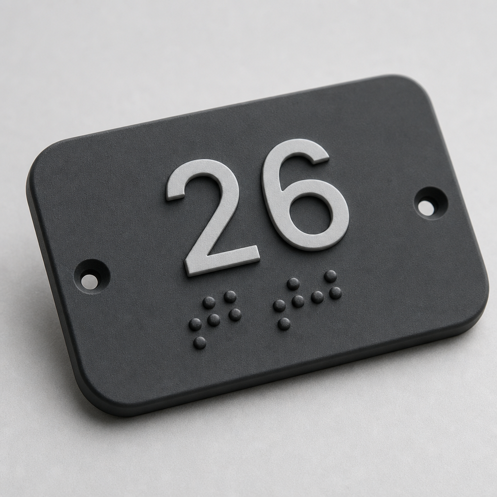 Tabliczka z numerem miejsca siedzącego na ciemnym tworzywie z wypukłym Braille'em