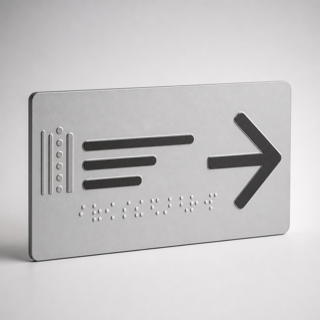 Panel kierunkowy na peron z dużą strzałką, tekstem i Braille'em