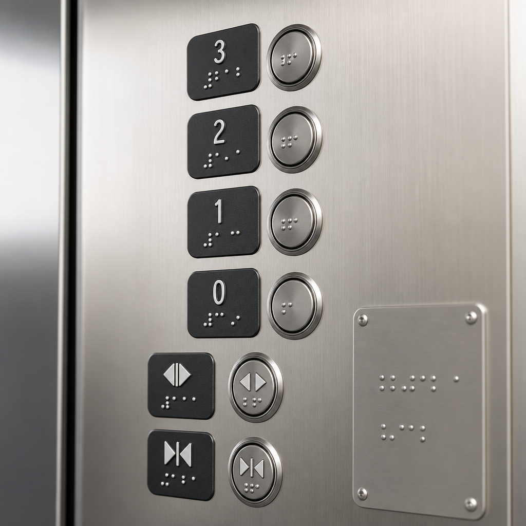 Panel przycisków windy z wypukłymi cyframi i oznaczeniami Braille'a