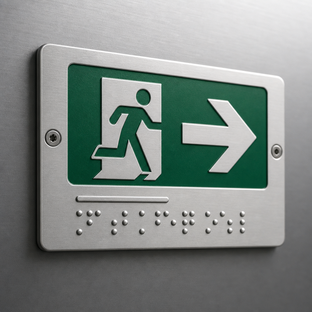 Tablica ewakuacyjna z piktogramem, tekstem i Braille'em