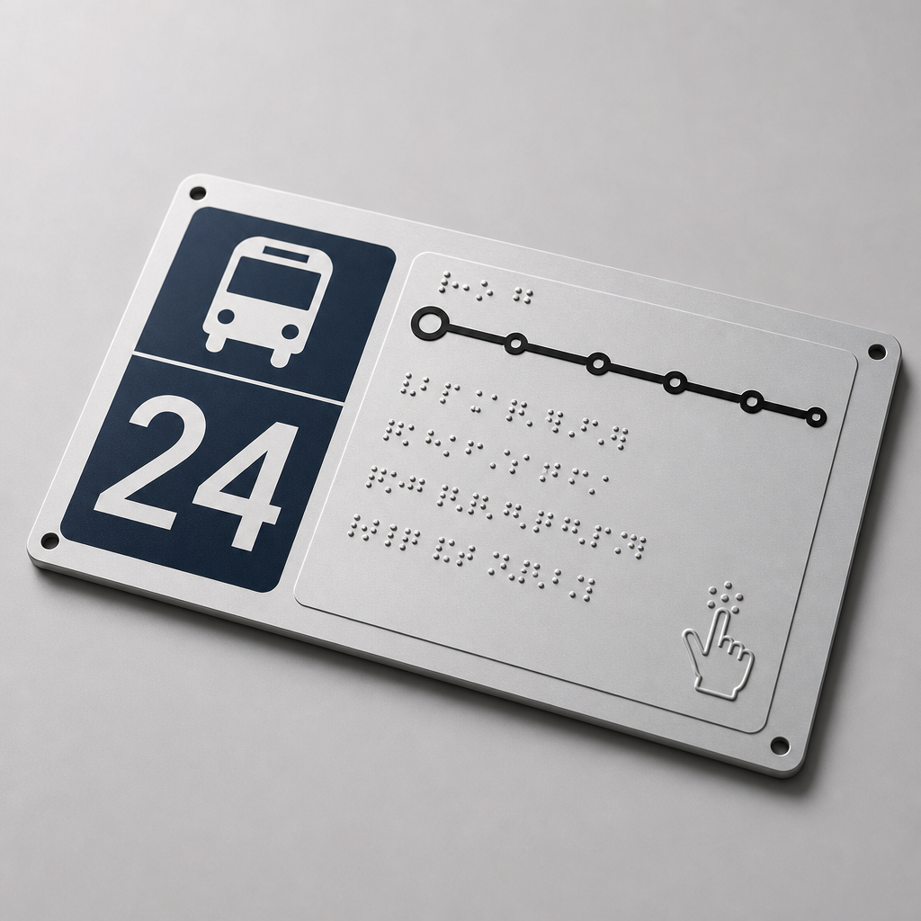 Panel przystanku autobusowego z numerem linii i opisem w Braille'u