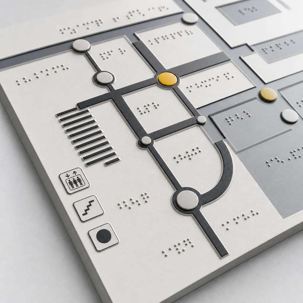 Fragment mapy dotykowej z wypukłymi liniami i opisami Braille'a