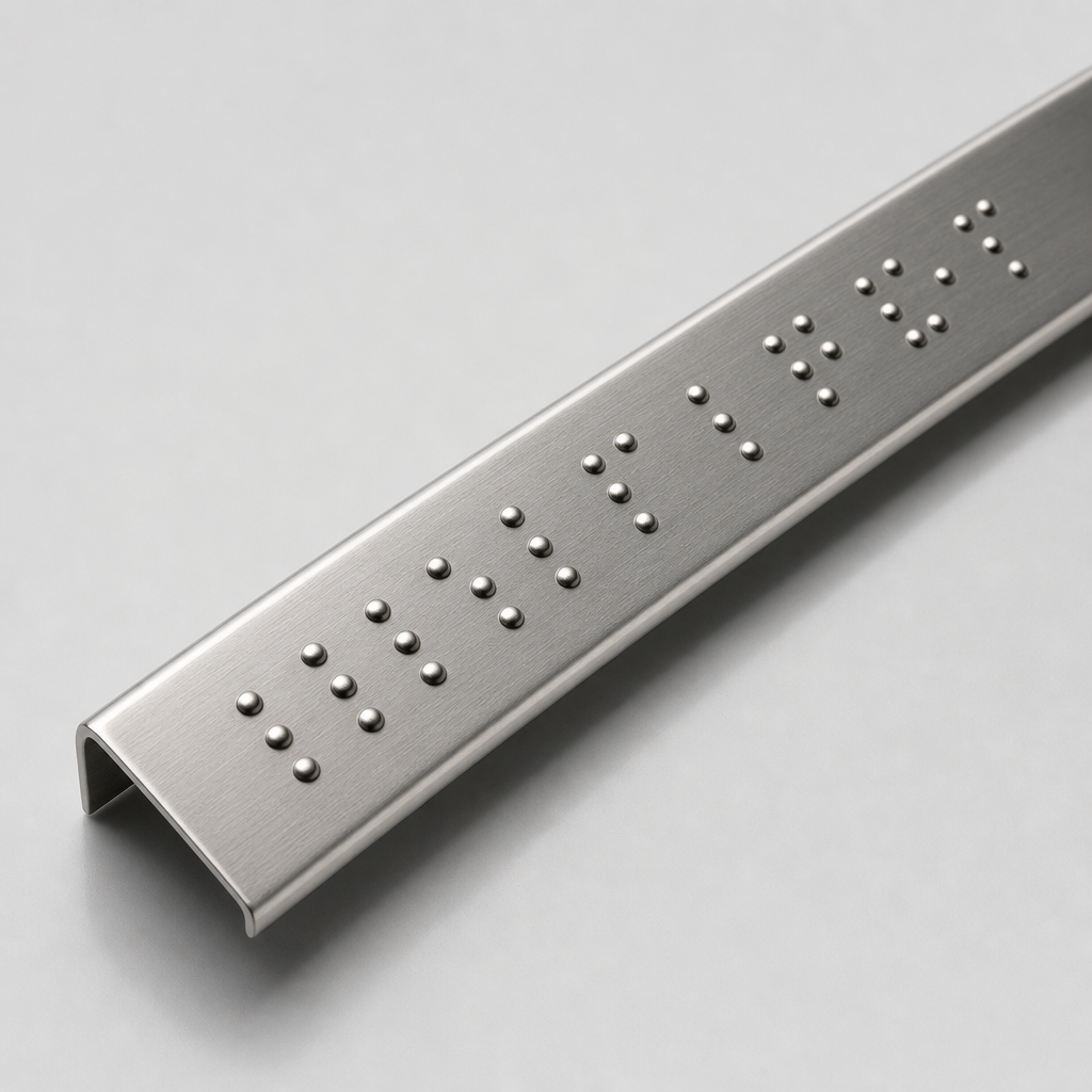 Wąska stalowa listwa z punktami Braille'a montowana na poręczy