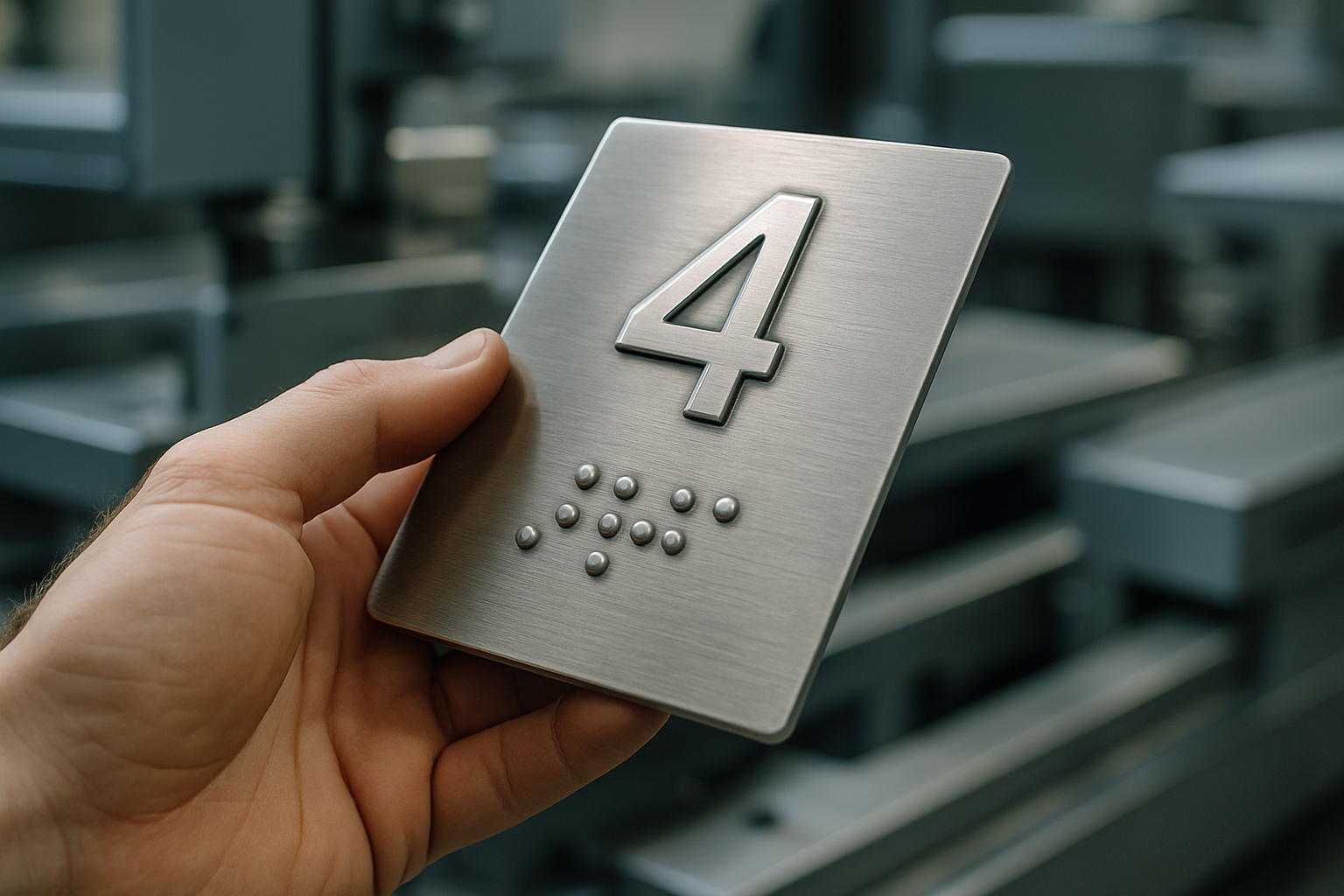 Human hand inspecting a tactile wayfinding plate in a manufacturing setting