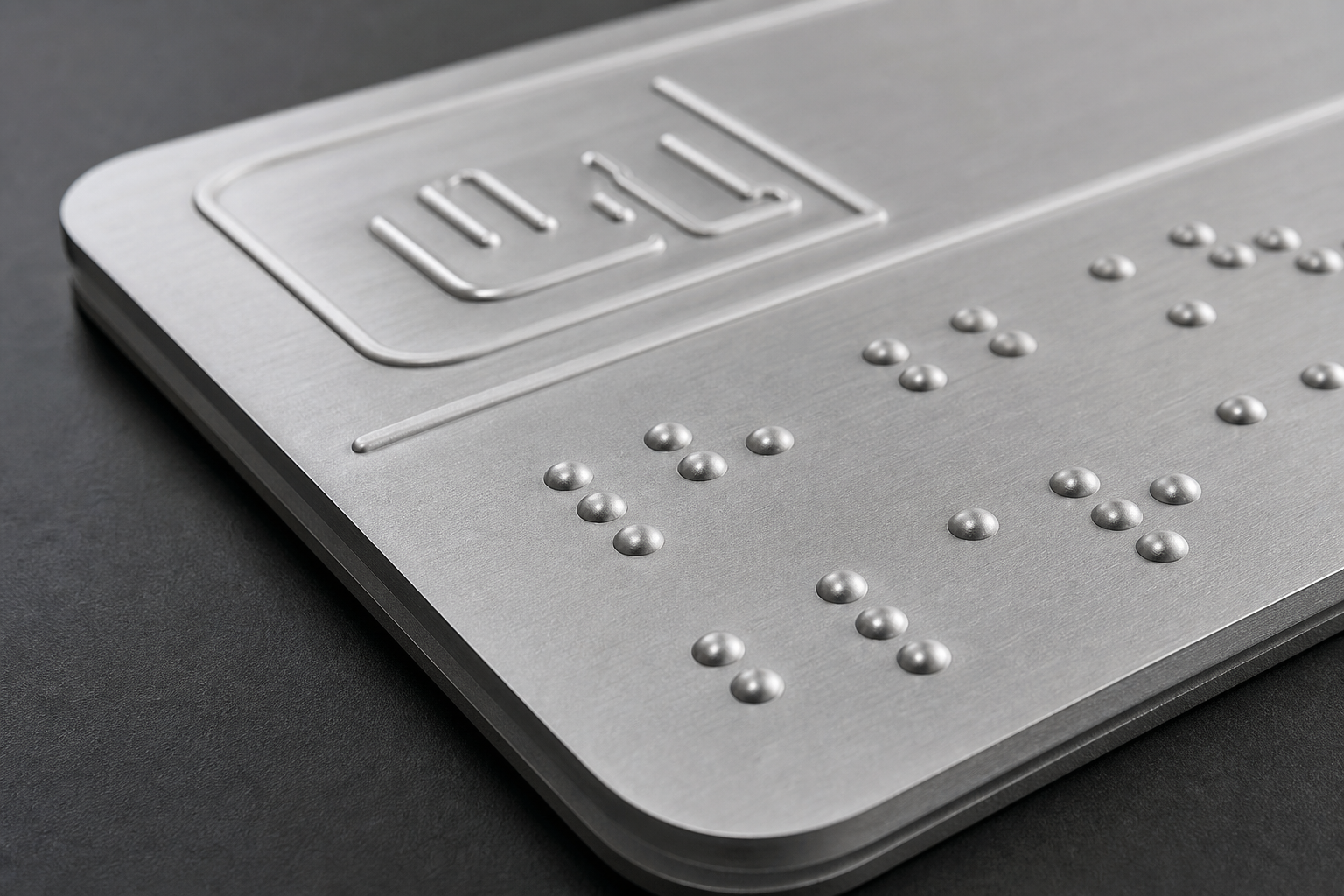 Zbliżenie na wypukłe punkty Braille'a w tłoczonej tablicy aluminiowej