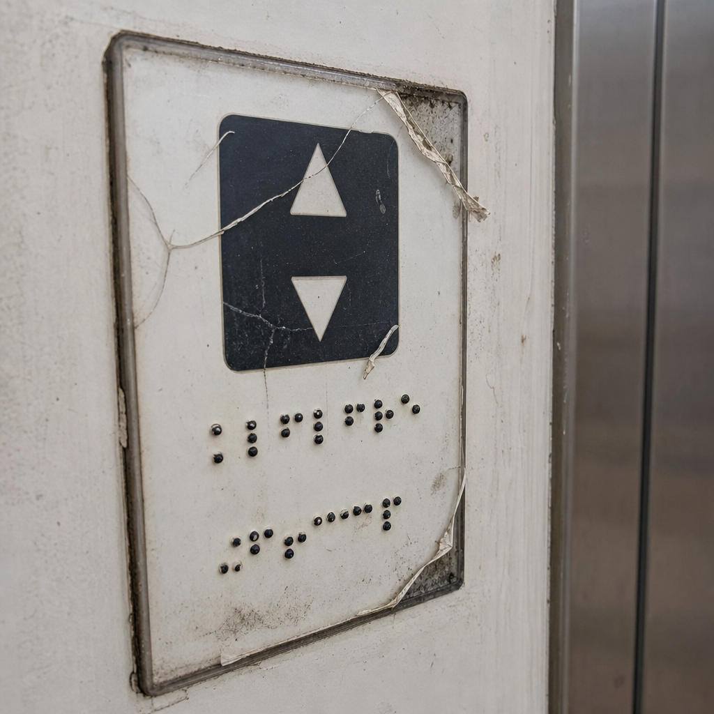 Metal tactile room plate on a neutral surface, anodized aluminum with raised lettering and Braille dots, photographed in soft technical lighting