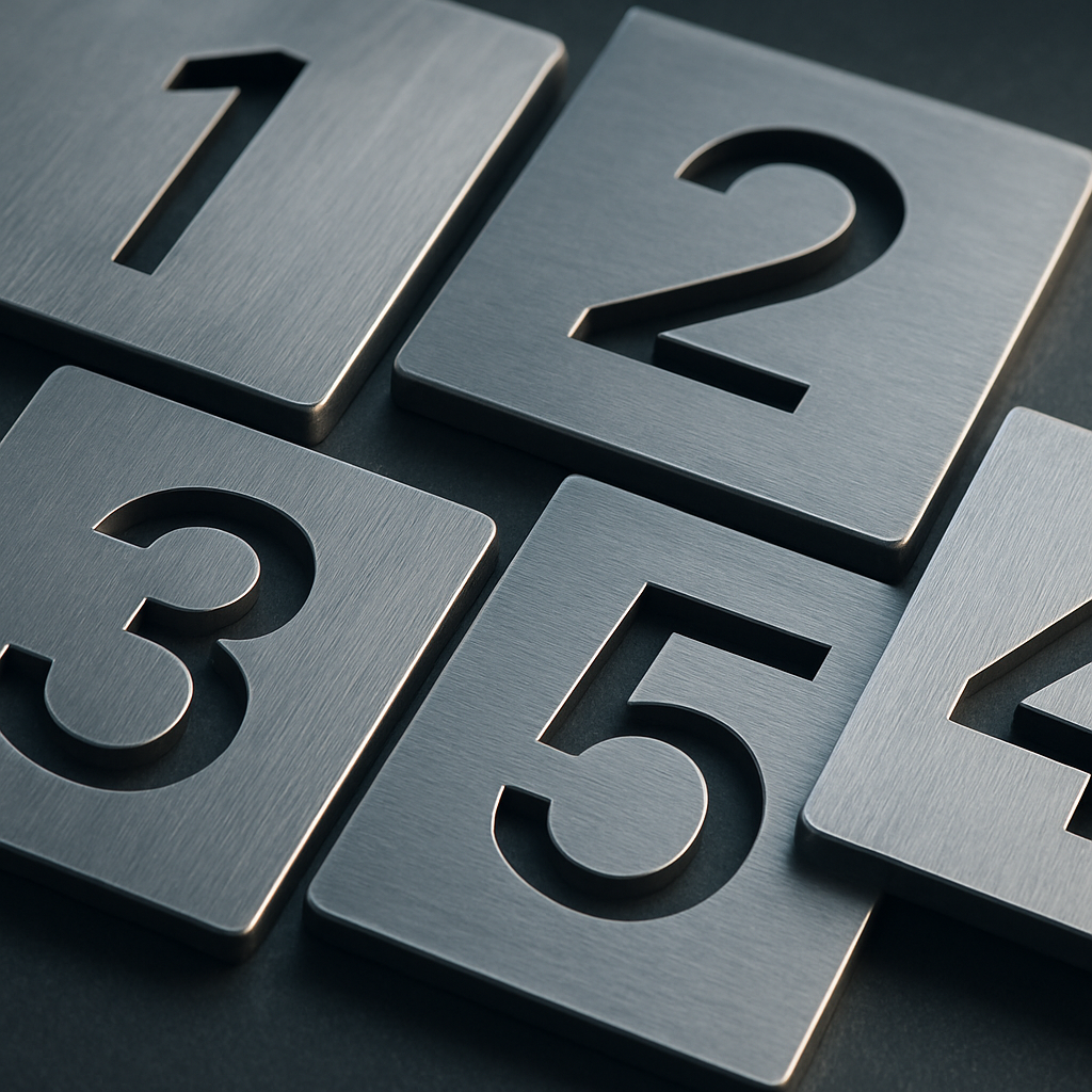 Precision-cut numeral typography samples on metal