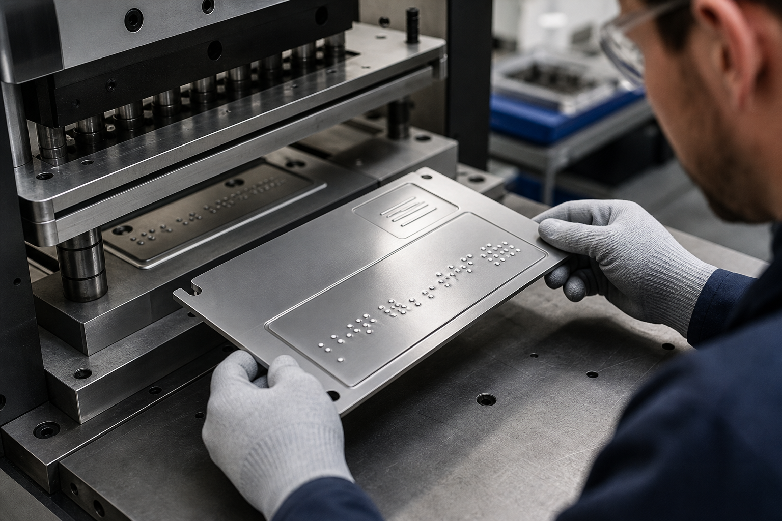 Technik kontrolujący precyzyjne tłoczenie punktów Braille'a na metalowej płycie