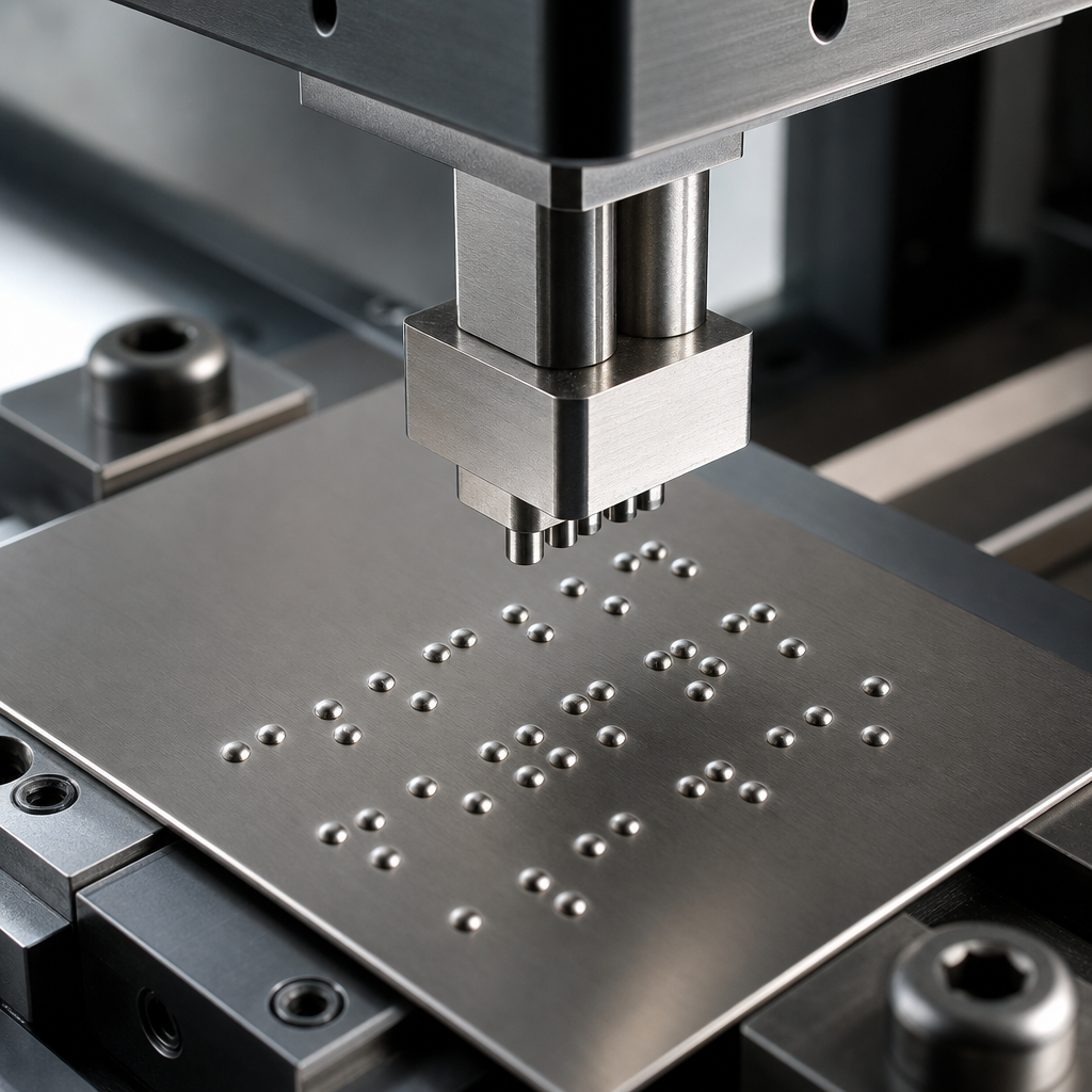 Zbliżenie precyzyjnego tłoczenia metalu tworzącego punkty Braille’a