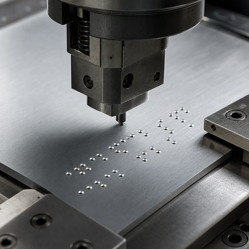 Zbliżenie precyzyjnego tłoczenia metalu tworzącego punkty Braille’a