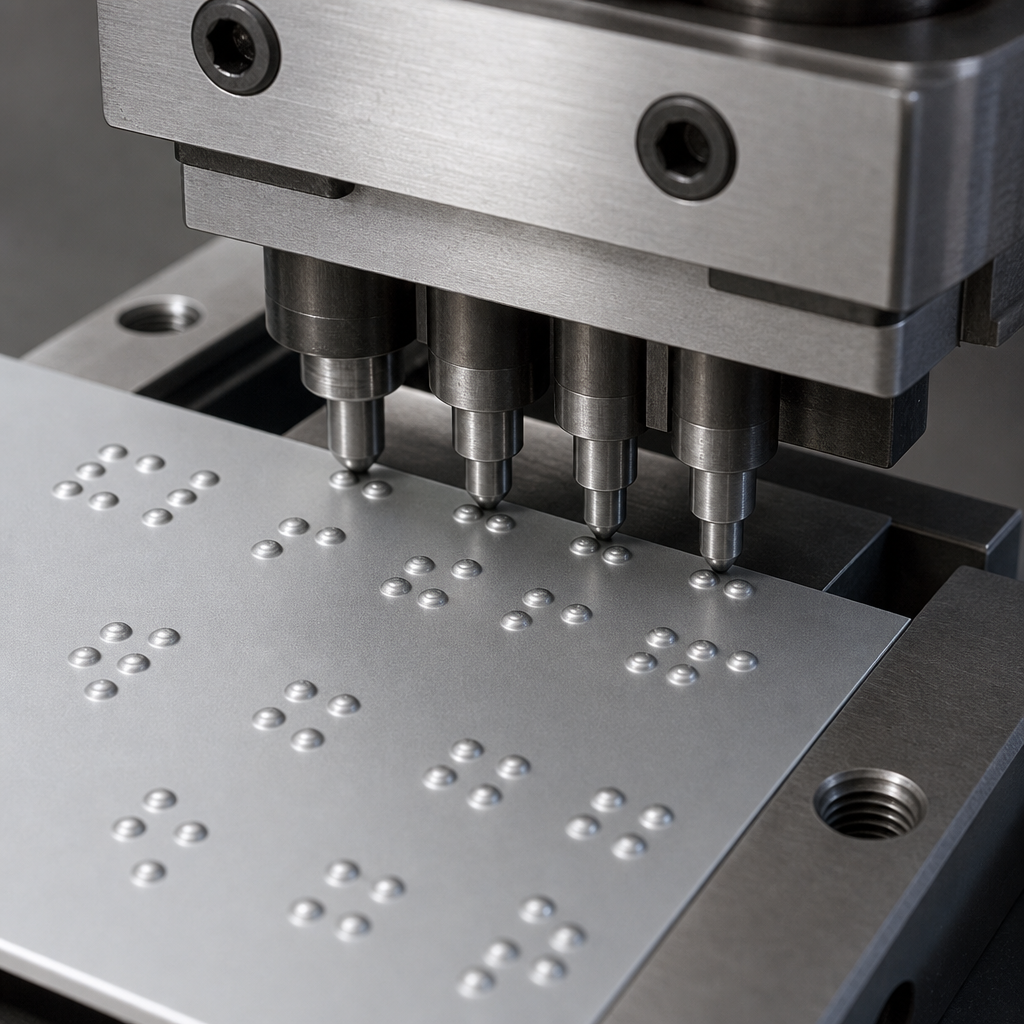 Close-up of precision metal embossing tooling shaping Braille dots on a plate