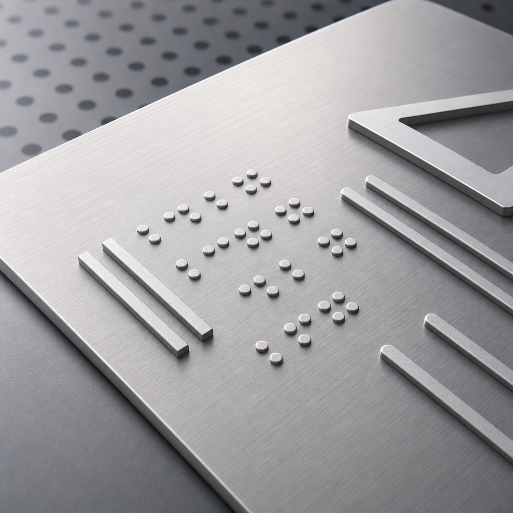 Szczegół powierzchni szczotkowanego aluminium z wyraźnymi wypukłymi punktami Braille’a