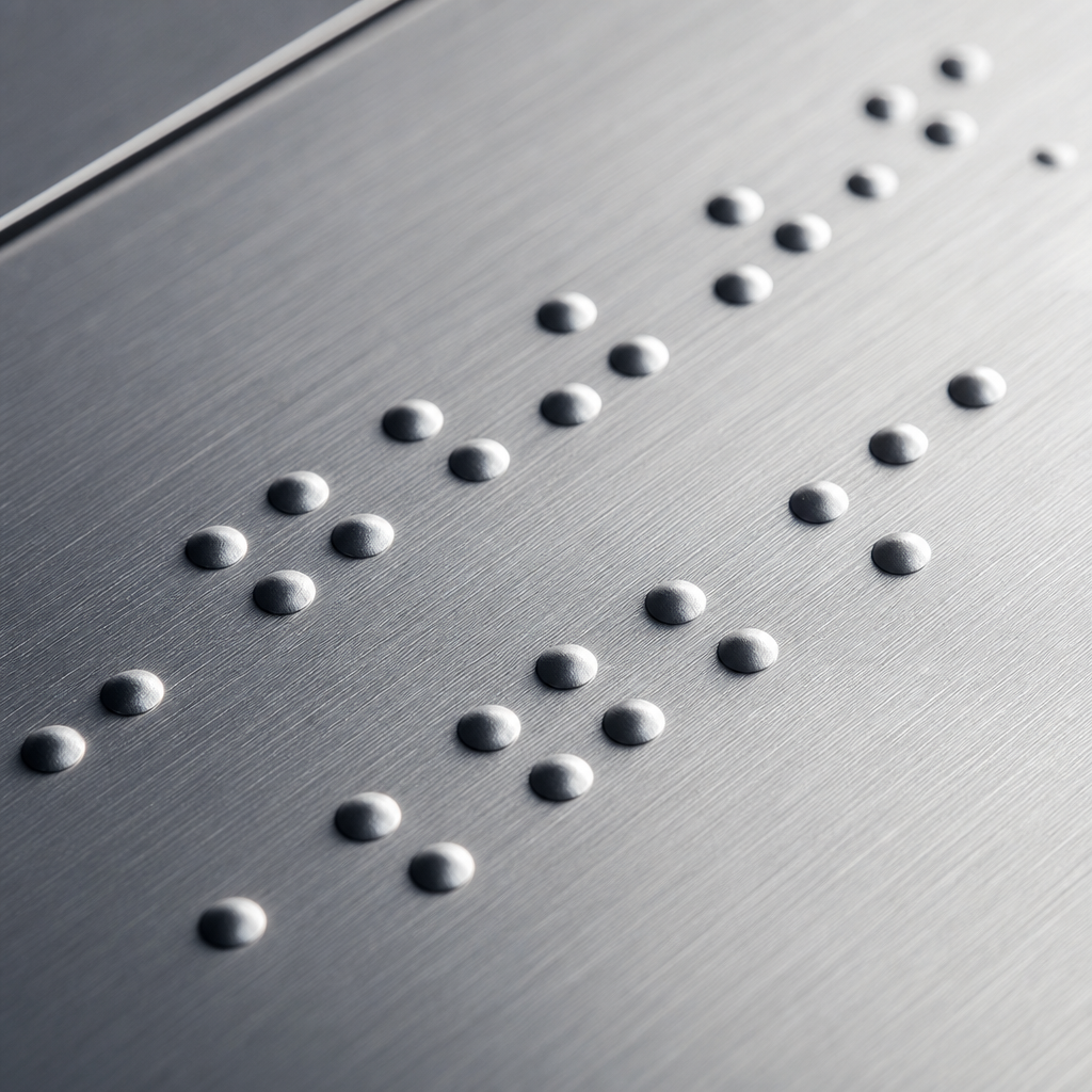 Szczegół powierzchni szczotkowanego aluminium z wyraźnymi wypukłymi punktami Braille’a