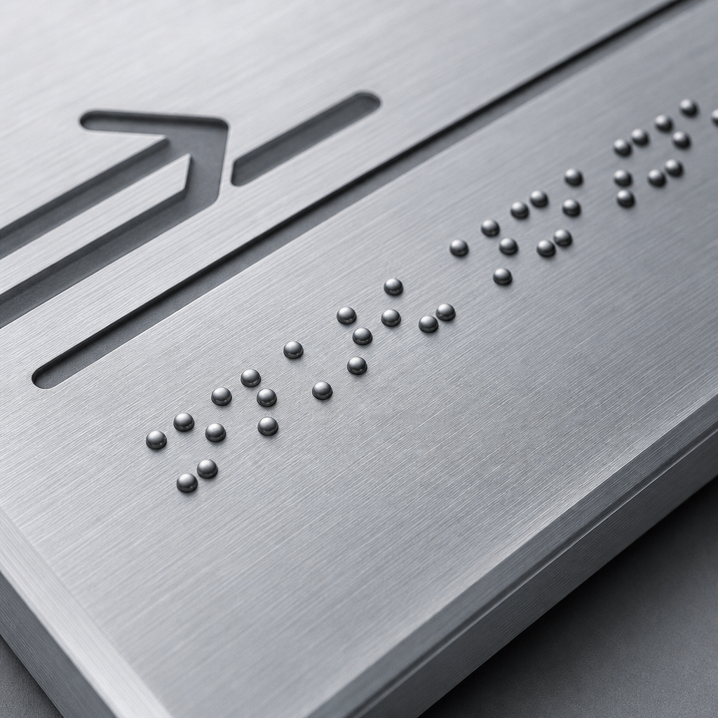 Detail of brushed aluminium tactile sign surface with crisp raised Braille points
