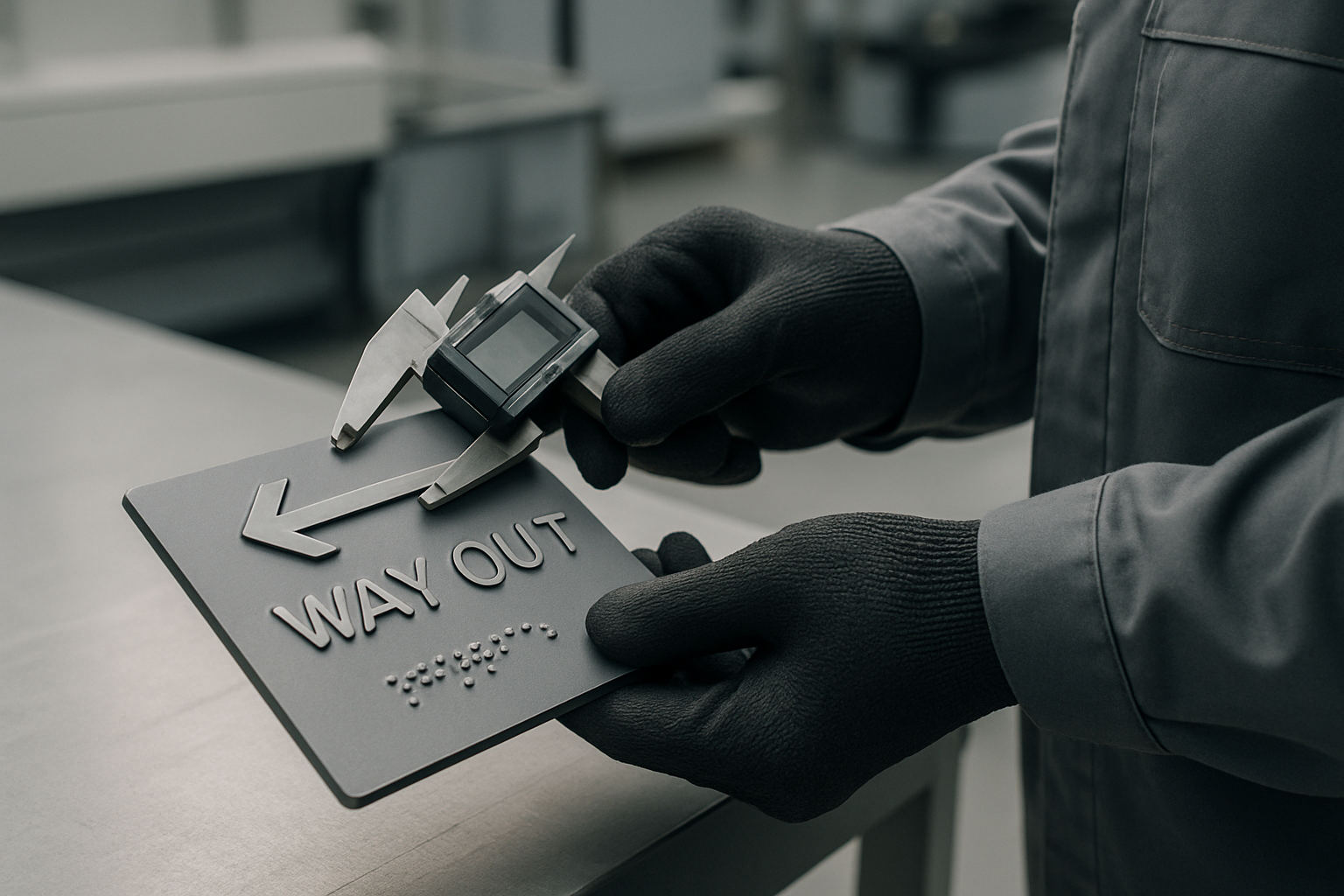 Technician gloved hands inspecting tactile signage with measuring gauge in a modern factory