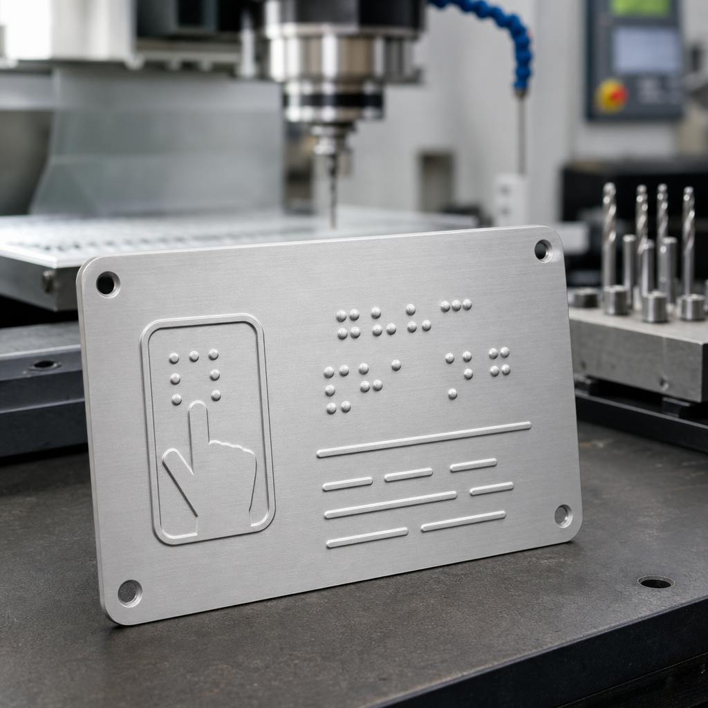 Profesjonalna tablica dotykowa z wypukłym pismem Braille’a z anodowanego metalu w nowoczesnym zakładzie produkcyjnym