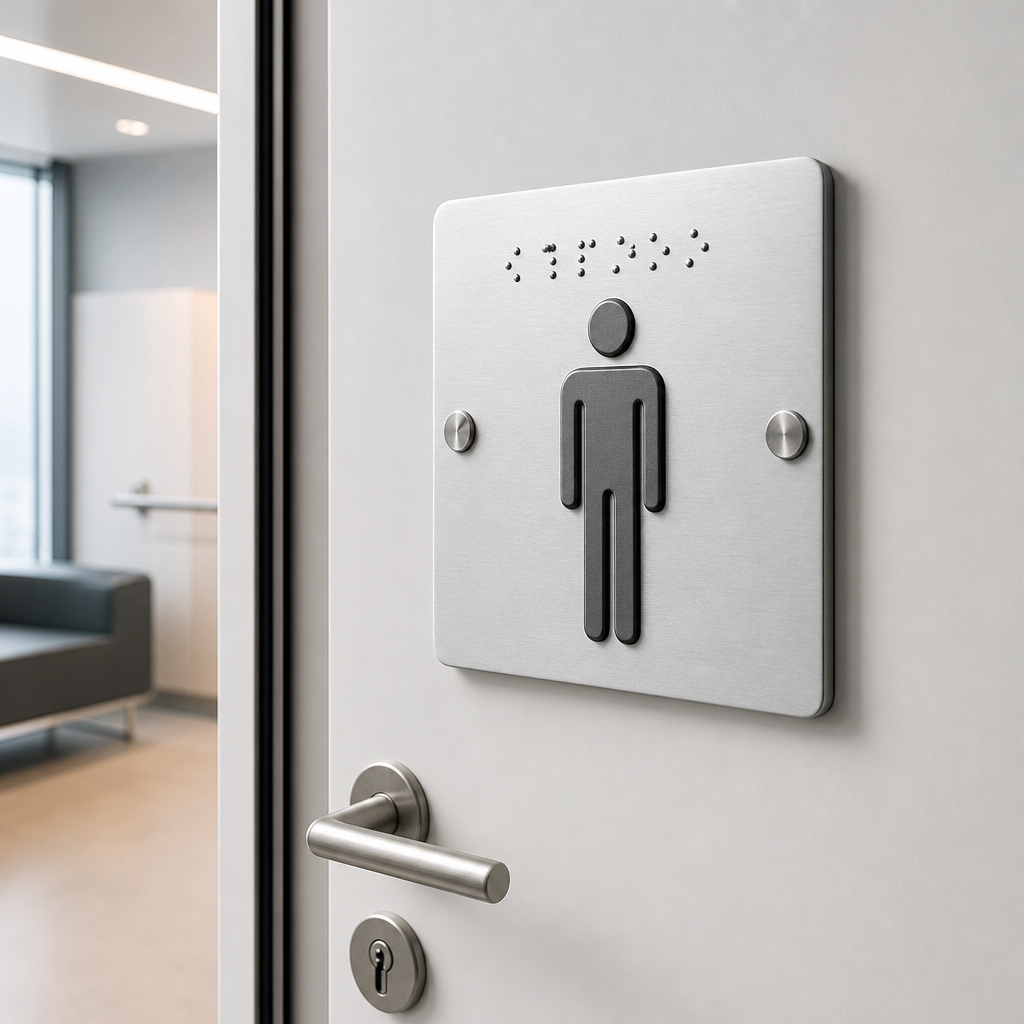 Close-up of a brushed aluminum tactile plate with micro Braille dots and crisp raised numbers, photographed in clean technical lighting