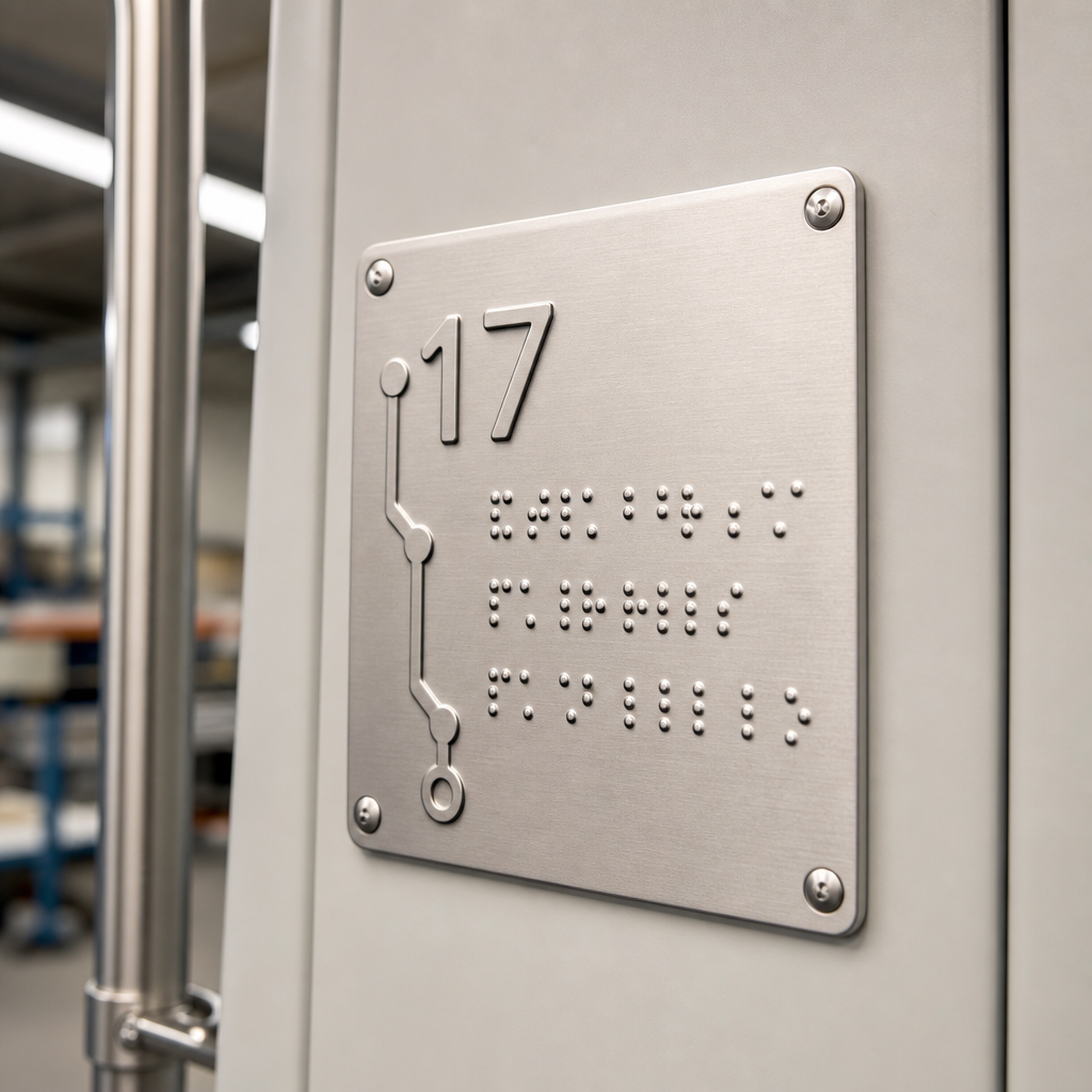 Stainless steel tactile plate with raised Braille and route numbering mounted on transit panel