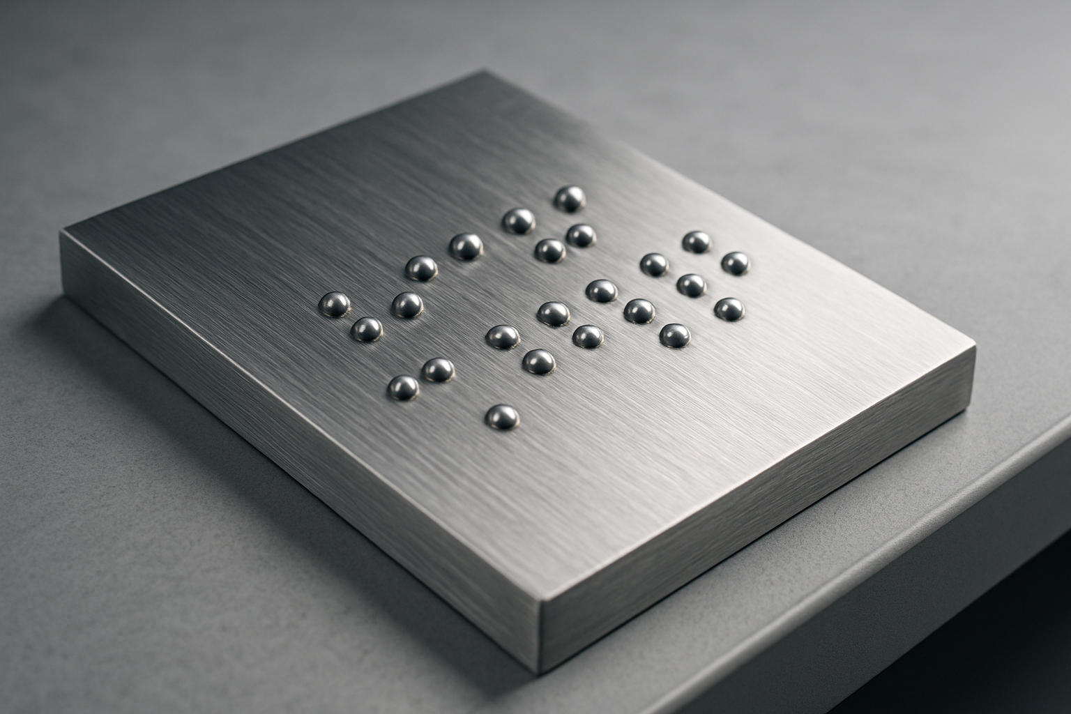 Close-up of a brushed metal tactile sign plate with raised Braille dots on a clean workbench