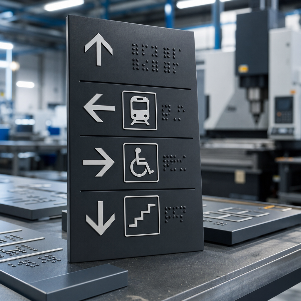 Dark graphite wayfinding panel with high-contrast tactile symbols photographed in a production facility