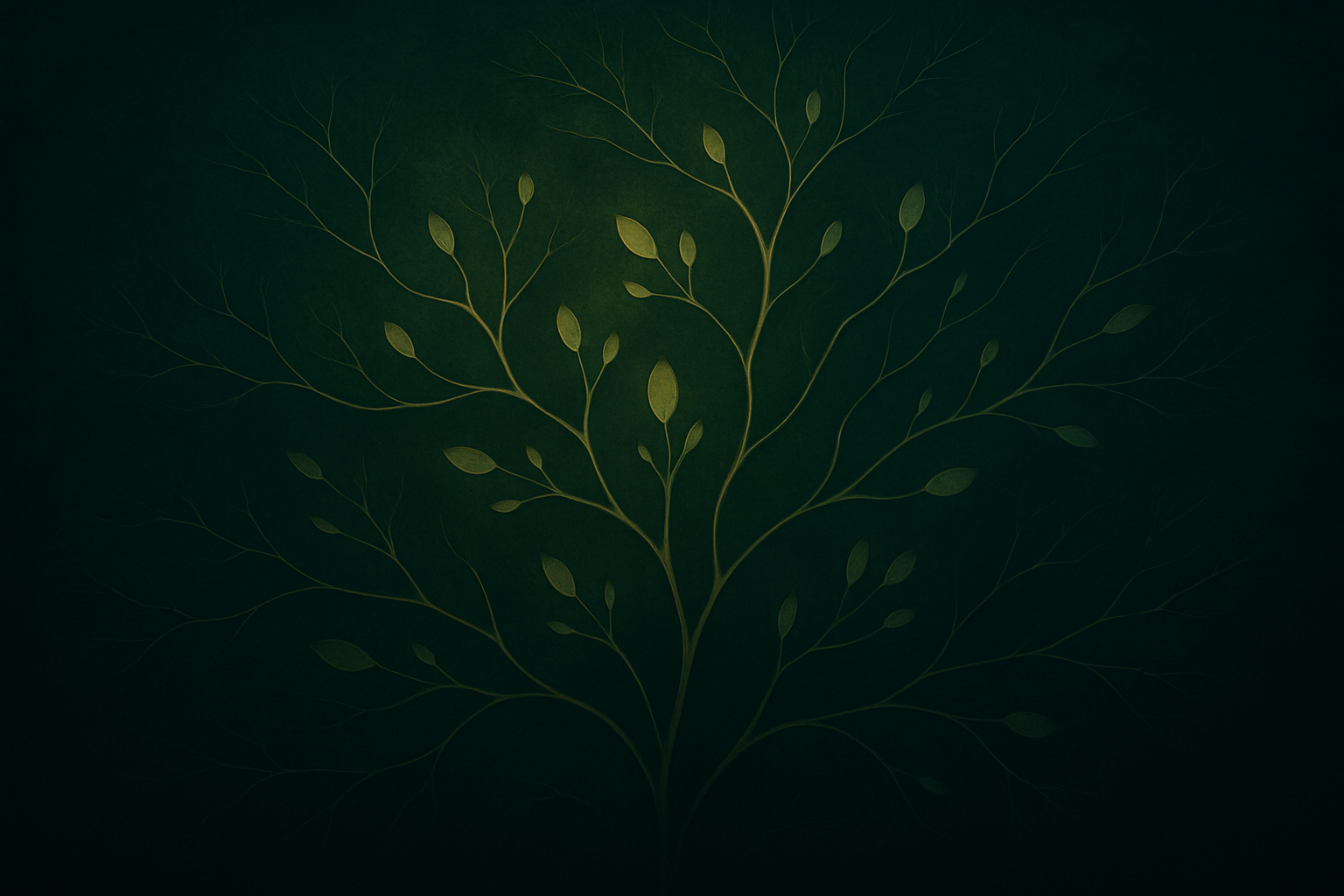 Mythic tree-canopy network with glowing branches and leaf-like nodes forming an interconnected living system