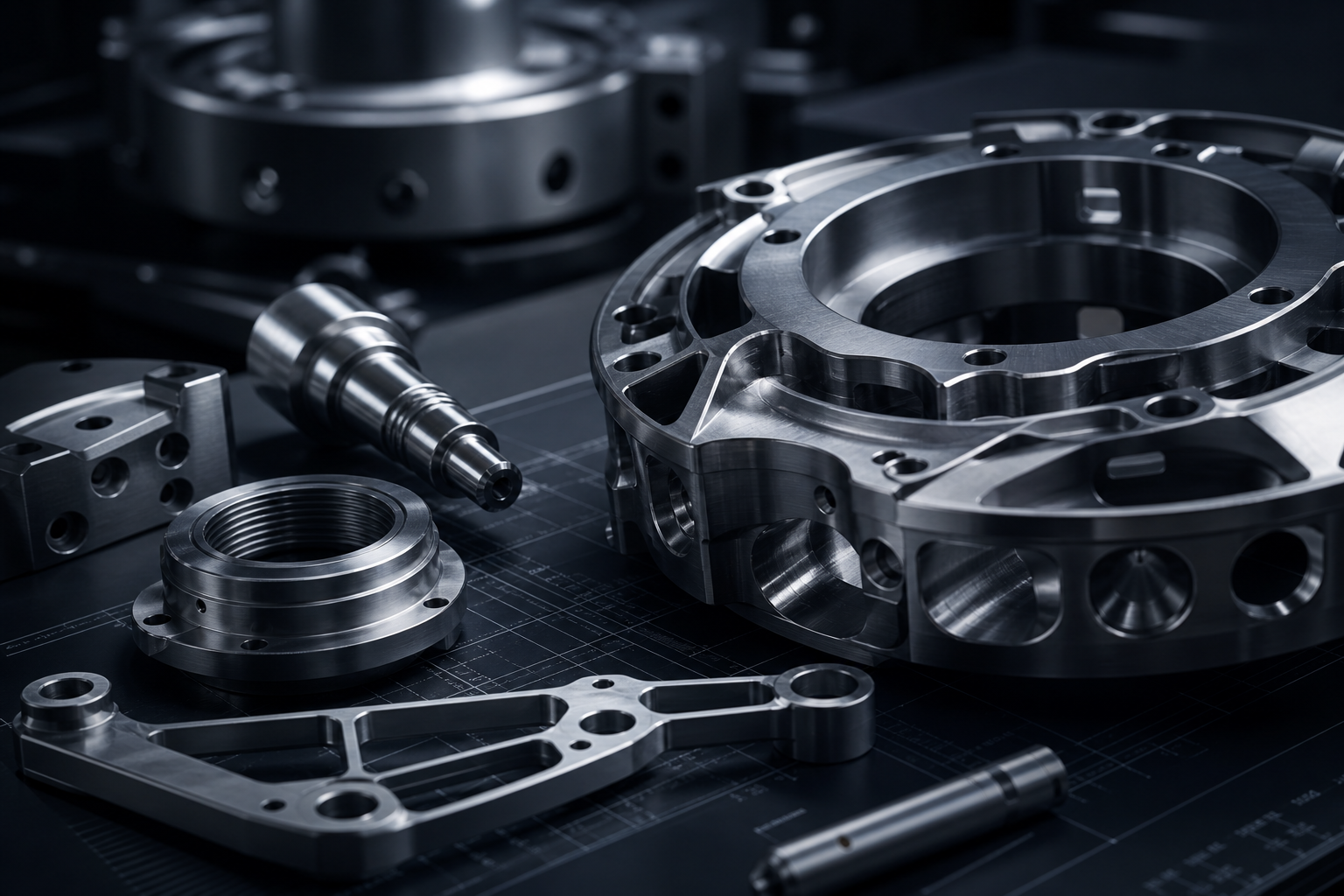 Dark high-precision close-up of machined aerospace-grade metal tooling