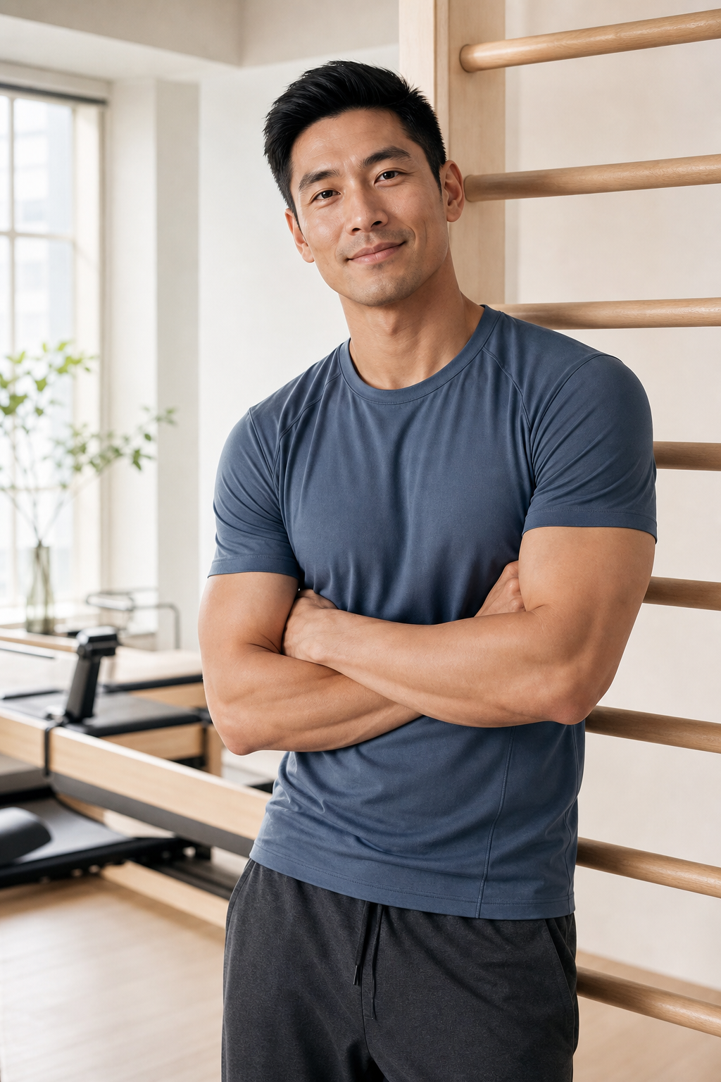 Noah Lee, movement-focused Pilates coach in a sunlit studio, wearing a slate blue training top and dark pants