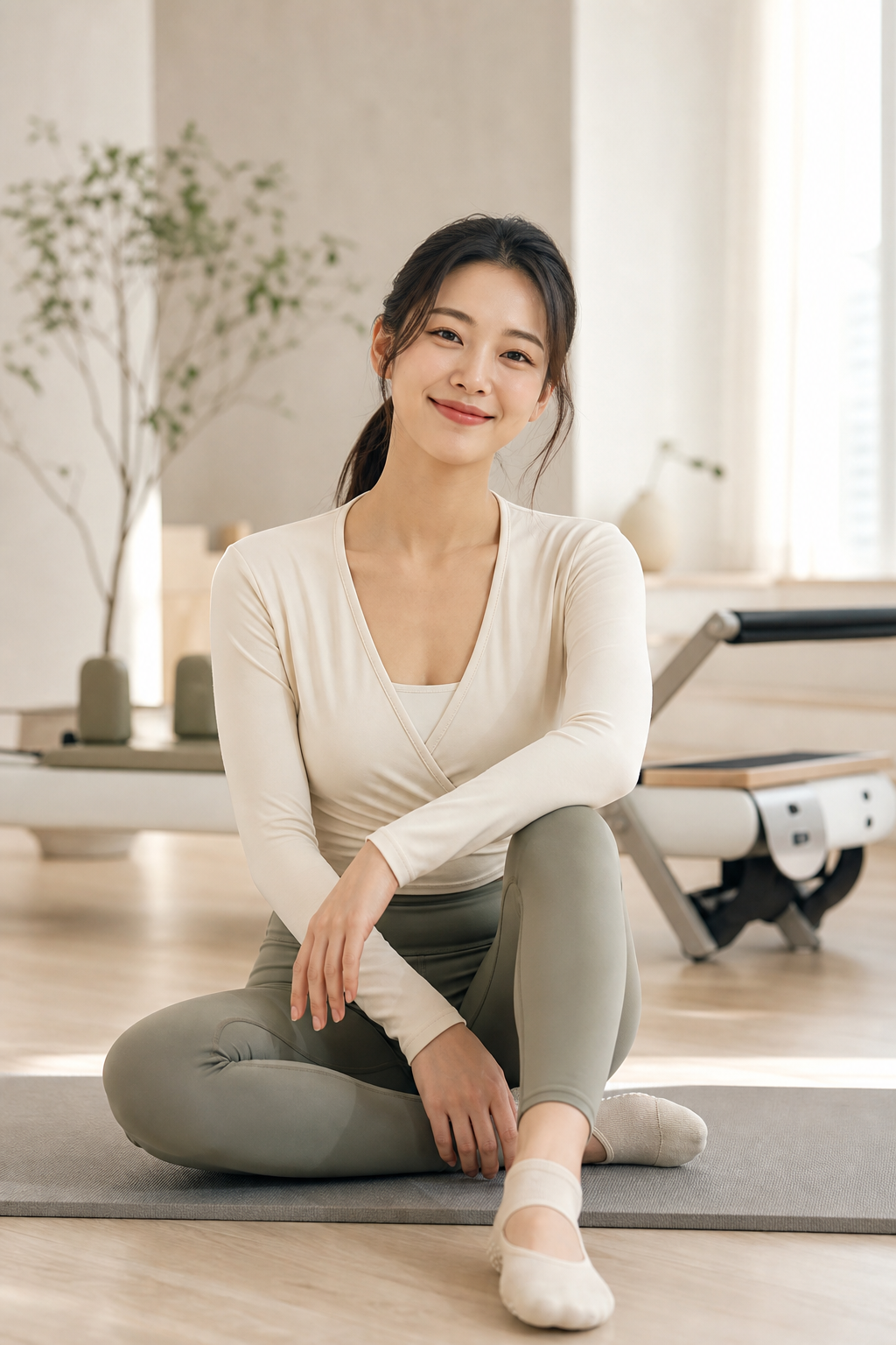 Serena Park, wellness Pilates instructor smiling gently in an airy studio, wearing a cream wrap top and olive leggings