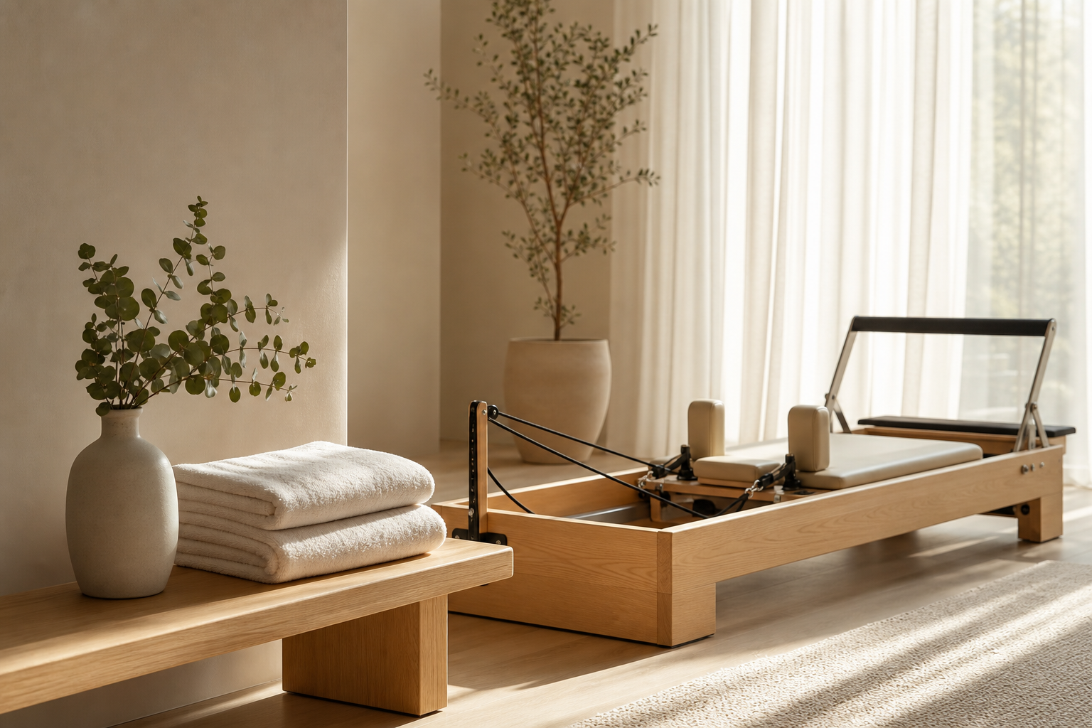Calm wellness promotional visual showing a serene Pilates studio corner with reformer equipment and soft natural light