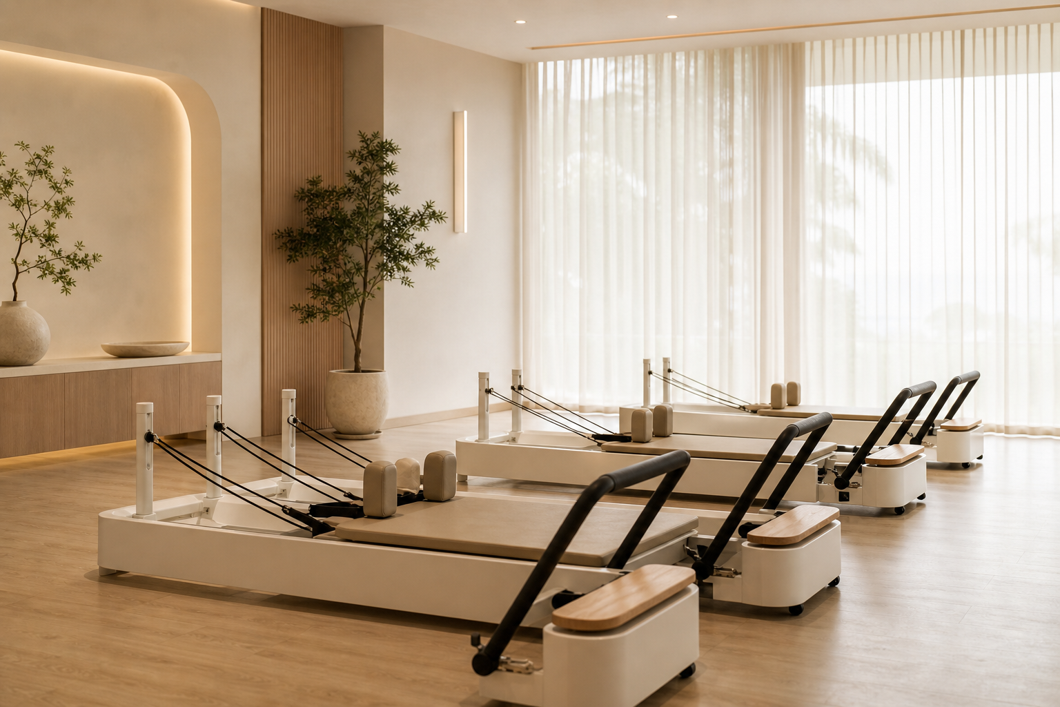 Refined Pilates studio interior with calming natural light, neutral tones, and clean reformer equipment arranged in an airy space