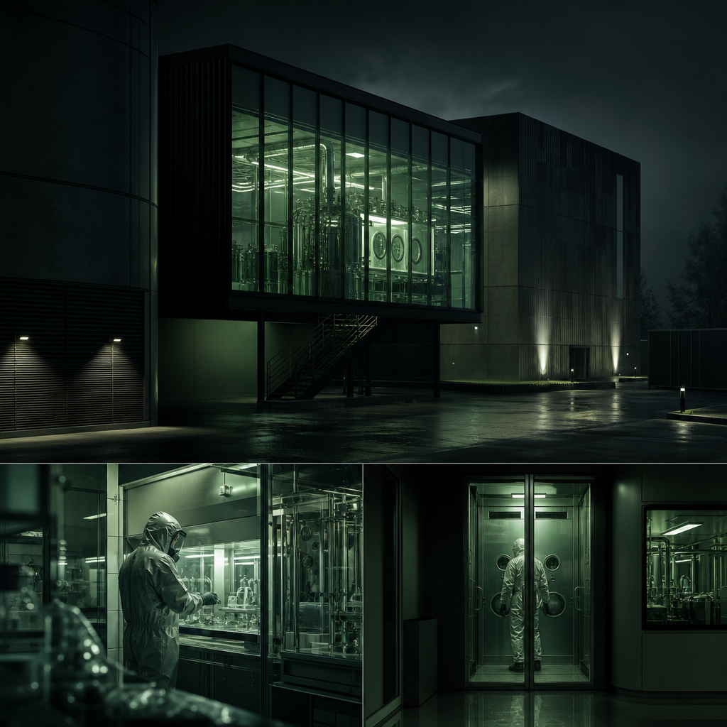 Biodefense infrastructure with secure lab corridors in dark green light