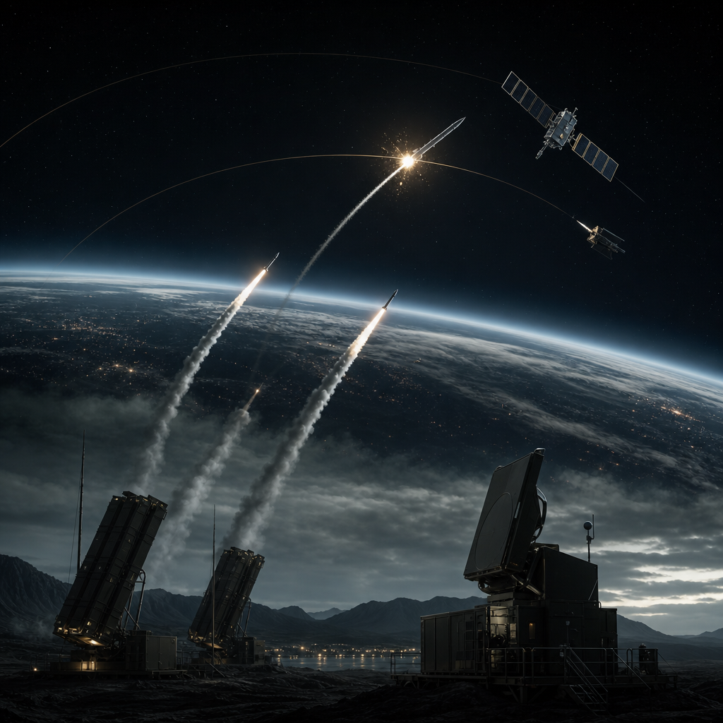 Missile defense network with orbital interceptors over dark space