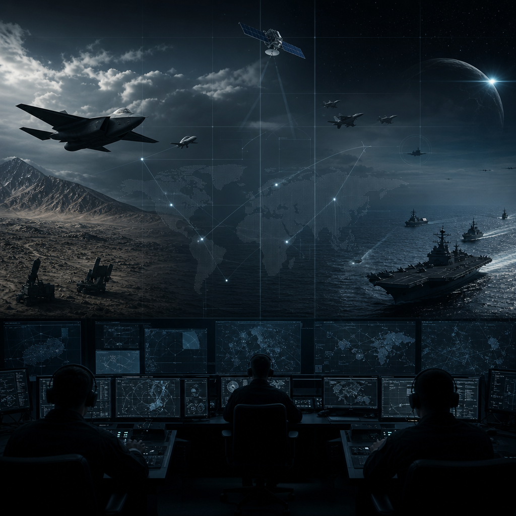 Multi-domain warfare scene integrating air, sea, and space tactical grid