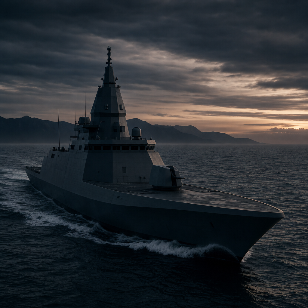 Naval vessel on a dark grey ocean horizon at dusk