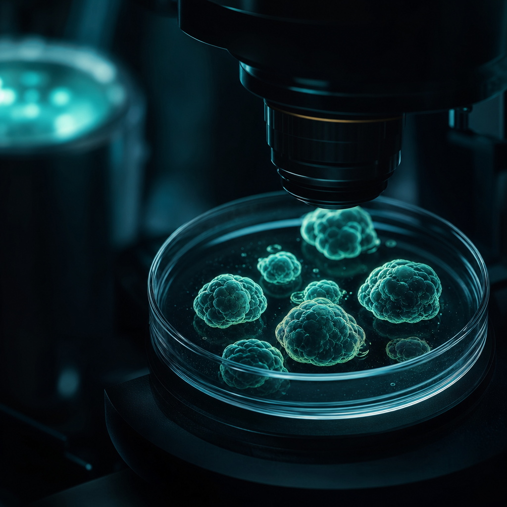 Organoids in a petri dish under microscopy with teal tones
