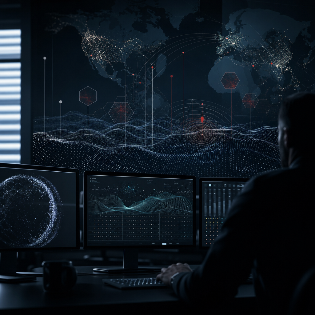 AI threat detection interface with layered data visualization in low light