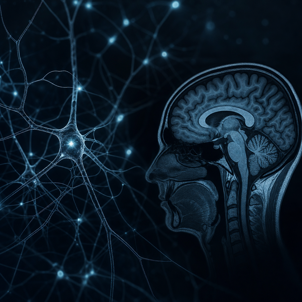 Neural network visualizations and brain scan in dark blue