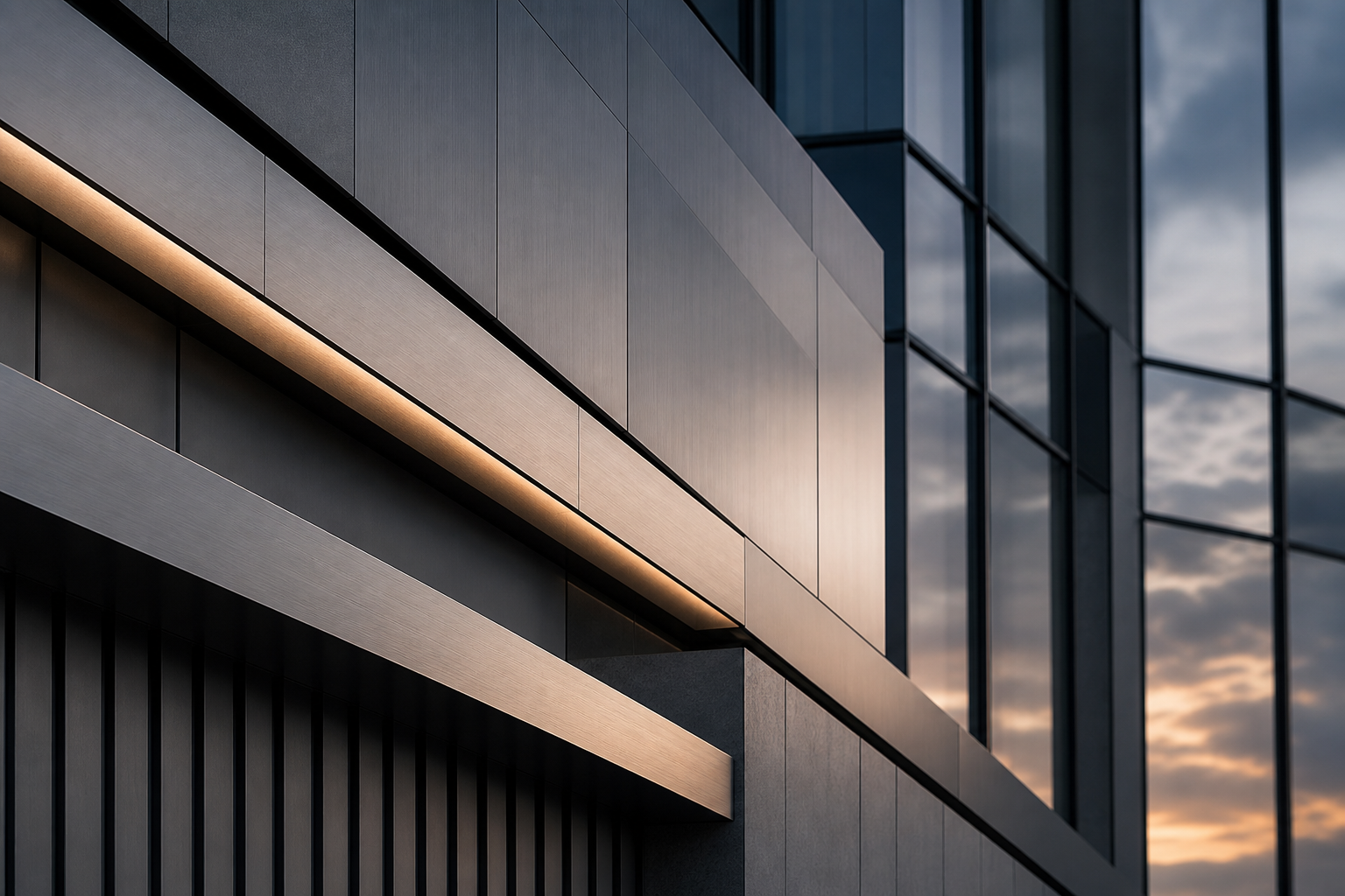 Abstract architectural facade with layered geometric lines and soft twilight lighting, conveying disciplined institutional structure