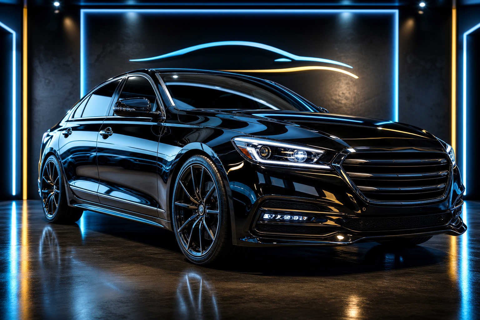 Glossy black sedan freshly detailed with mirror-like reflections, aqua-blue accent lighting, and subtle gold highlights in a premium studio