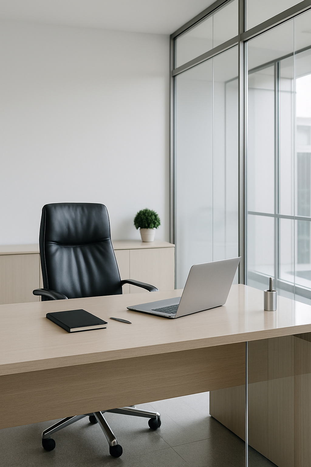 Polished executive office workspace with a pristine desk surface, clean glass partitions, and refined modern corporate finishes