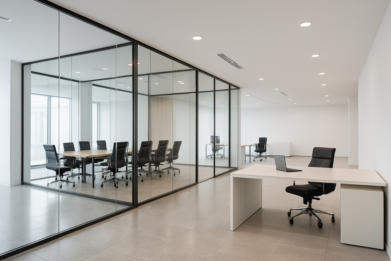 Bright executive office interior with polished floors, glass meeting rooms, and immaculate commercial presentation