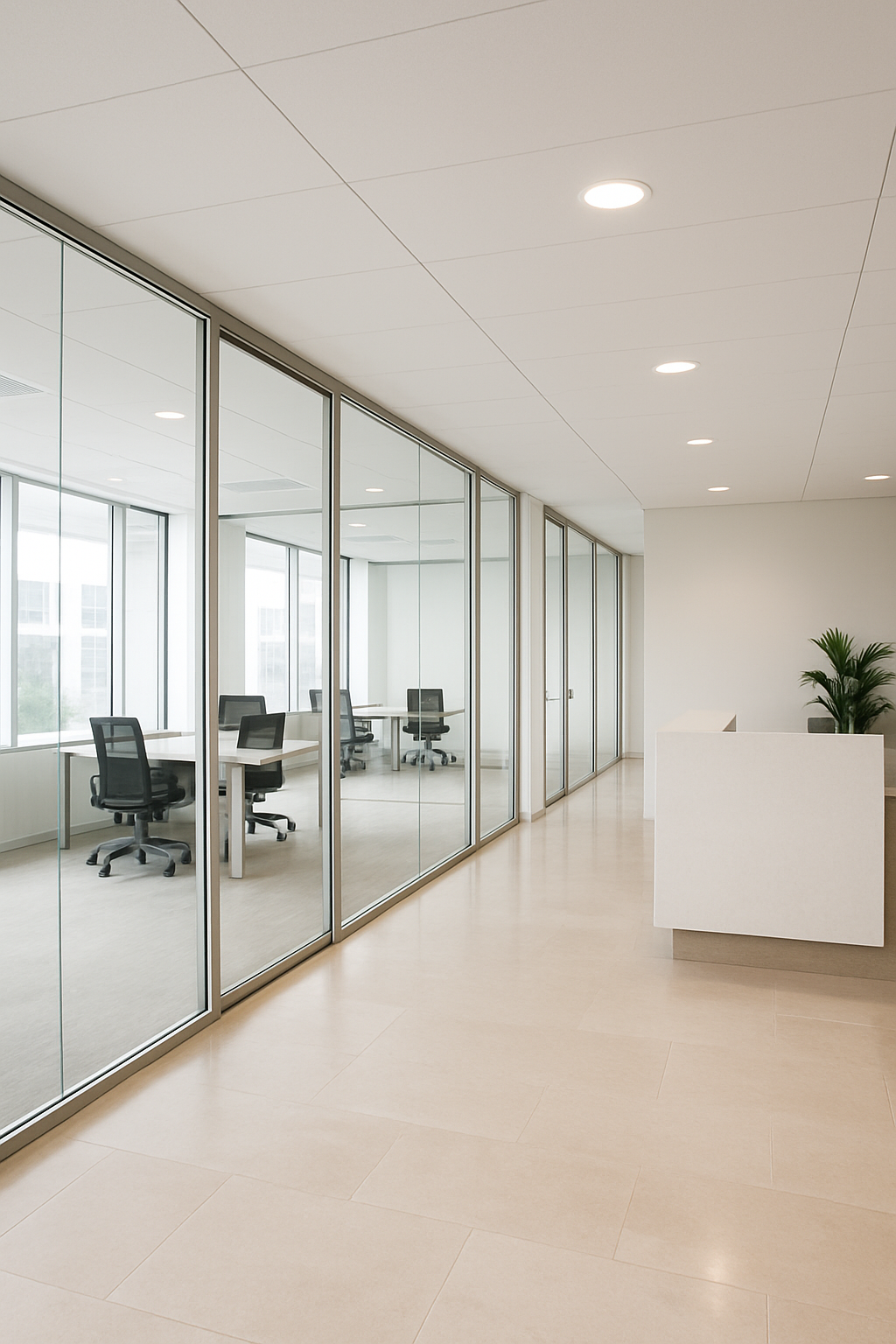 Bright premium commercial office interior with polished stone flooring, glass partitions, and natural daylight