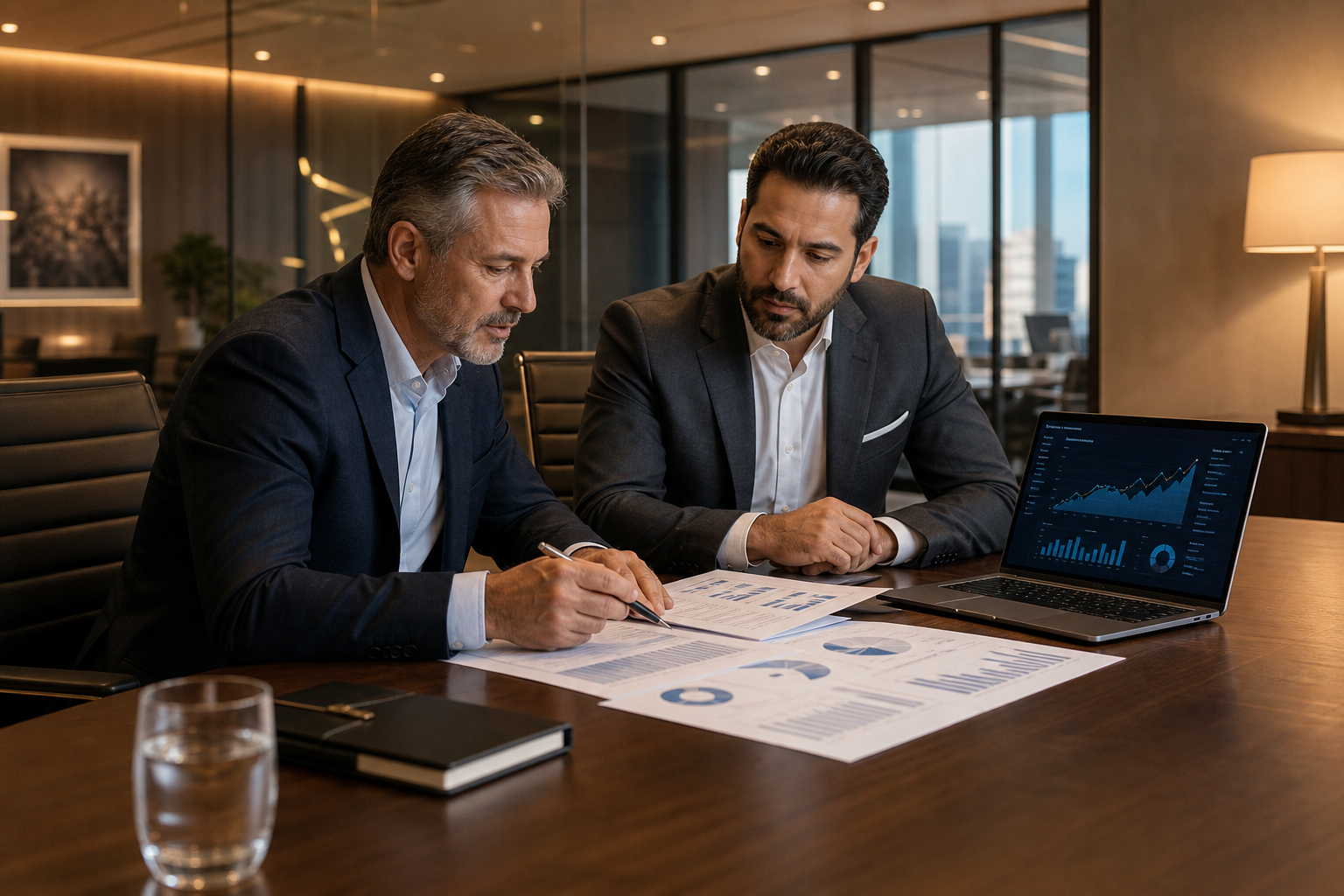 Executive strategy session in a premium glass boardroom with financial dashboards, refined materials, and a high-end consulting atmosphere